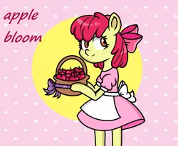 Size: 883x727 | Tagged: safe, artist:canotanya1, derpibooru import, apple bloom, earth pony, pony, semi-anthro, adorabloom, apple, apple basket, apron, basket, clothes, cute, dress, female, filly, foal, food, image, png, smiling, solo, text