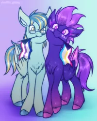 Size: 1600x2000 | Tagged: safe, artist:shad0w-galaxy, derpibooru import, oc, oc:ruffled quill, oc:shadow galaxy, unofficial characters only, pegasus, pony, bisexual pride flag, chest fluff, couple, cute, ear fluff, ethereal mane, female, fluffy, folded wings, glasses, gradient background, gradient hooves, gradient mane, image, male, mare, pansexual pride flag, png, pride, pride flag, pride month, simple background, stallion, starry eyes, starry mane, unshorn fetlocks, wing fluff, wingding eyes, wings