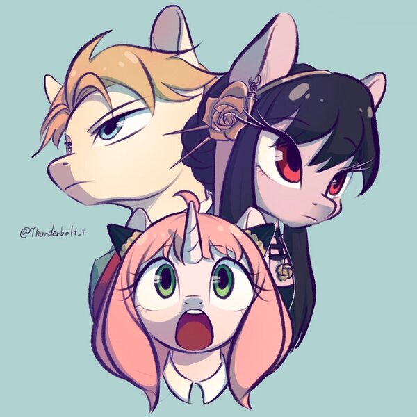 Size: 1000x1000 | Tagged: safe, artist:thunderbolt_t, derpibooru import, ponified, earth pony, pony, unicorn, anime, anya forger, female, image, jpeg, loid forger, male, mare, open mouth, spy x family, stallion, trio, yor forger