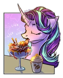 Size: 1680x2094 | Tagged: safe, artist:intfighter, derpibooru import, starlight glimmer, pony, unicorn, cheek fluff, coffee, commission, curved horn, cute, eyes closed, female, floppy ears, food, glimmerbetes, horn, ice cream, image, licking, mare, onomatopoeia, png, solo, sound effects, sundae, tongue out, ych result