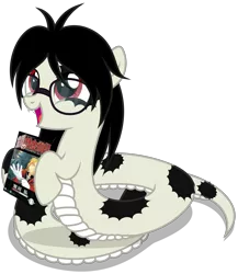 Size: 3320x3820 | Tagged: safe, artist:strategypony, derpibooru import, oc, oc:cuppa noodle, unofficial characters only, lamia, original species, pony, snake, snake pony, book, cute, daaaaaaaaaaaw, female, filly, foal, fullmetal alchemist, glasses, happy, hoof hold, image, manga, messy mane, mottled coat, neet, nerd, ocbetes, open mouth, png, simple background, transparent background, younger