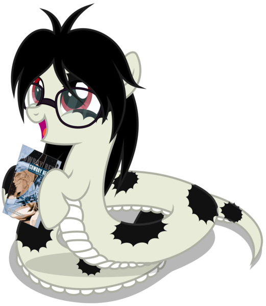 Size: 3320x3820 | Tagged: safe, alternate version, artist:strategypony, derpibooru import, oc, oc:cuppa noodle, unofficial characters only, lamia, original species, pony, snake, snake pony, book, cowboy bebop, cute, daaaaaaaaaaaw, female, filly, foal, glasses, happy, hoof hold, image, manga, messy mane, mottled coat, neet, nerd, ocbetes, open mouth, png, simple background, transparent background, younger