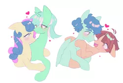 Size: 1229x830 | Tagged: safe, artist:t-0-rtured, derpibooru import, bon bon, curly winds, lyra heartstrings, some blue guy, sweetie drops, wiz kid, earth pony, pegasus, pony, unicorn, blushing, female, floating heart, gay, gay couple, heart, hug, image, lesbian, lesbian couple, looking at each other, looking at someone, lyrabon, male, mare, open mouth, open smile, png, shipping, simple background, smiling, stallion, white background, wizwinds