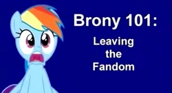 Size: 525x286 | Tagged: safe, derpibooru import, rainbow dash, pegasus, pony, 101, blue background, female, frown, image, leaving the fandom, mare, multicolored hair, open mouth, png, rainbow hair, shocked, simple background, text, title card, youtube link