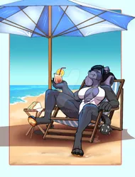 Size: 600x791 | Tagged: suggestive, artist:blackblood-queen, derpibooru import, oc, oc:morgan graywacke, unofficial characters only, anthro, diamond dog, digitigrade anthro, abs, anthro oc, beach, beach chair, beach umbrella, big breasts, breasts, clothes, commission, deviantart watermark, diamond dog oc, digital art, drink, eyes closed, female, female diamond dog, food, image, jpeg, obtrusive watermark, relaxed, relaxing, sandals, sandwich, shade, solo, solo female, swimsuit, tropical, umbrella, water, watermark