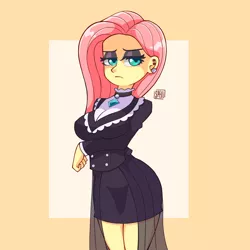 Size: 3000x3000 | Tagged: safe, artist:spellart, derpibooru import, fluttershy, equestria girls, arm under breasts, breasts, busty fluttershy, clothes, dress, eyeshadow, female, fluttergoth, frown, goth, image, looking at you, makeup, png, solo