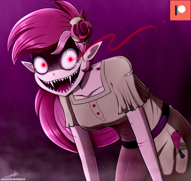 Size: 2050x1950 | Tagged: semi-grimdark, artist:the-butch-x, derpibooru import, roseluck, undead, vampire, equestria girls, breasts, clothes, elf ears, fangs, female, image, open mouth, png, shirt, skirt, solo