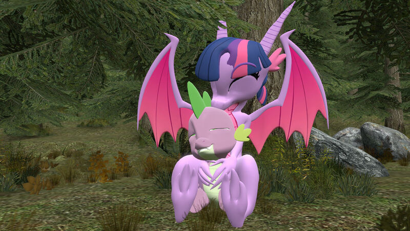 Size: 1280x720 | Tagged: safe, artist:ponygamer2020, artist:ponygamersfm, derpibooru import, spike, twilight sparkle, dragon, 3d, cute, dragonified, duo, eyes closed, female, forest, friendship, hug, image, jpeg, kissing, male, mama twilight, shipping, sitting, smiling, source filmmaker, species swap, spikabetes, straight, tree, twiabetes, twilidragon, twispike