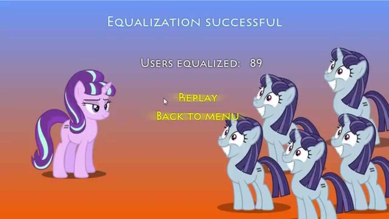 Size: 1280x720 | Tagged: safe, artist:futzi01, derpibooru import, blueberry frosting, starlight glimmer, pony, unicorn, equal, equal cutie mark, equality, female, game, horn, image, jpeg, mare, smiling, text