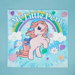 Size: 1500x1500 | Tagged: safe, derpibooru import, official, cotton candy (g1), earth pony, pony, blanket, decorsome, female, image, mare, merchandise, my little pony logo, png, rearing, retro, simple background, solo, text