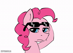 Size: 600x437 | Tagged: safe, artist:zeffdakilla, derpibooru import, pinkie pie, earth pony, animated, awesome, cool, gif, image, simple background, smiling, smirk, solo, sunglasses, swag, white background
