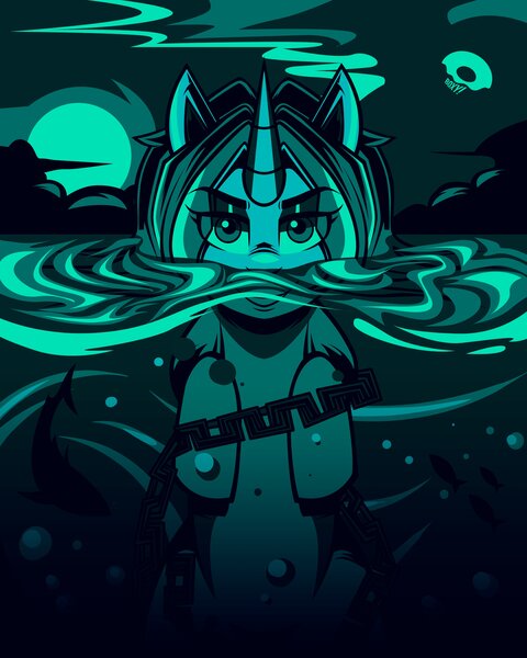 Size: 3277x4096 | Tagged: safe, artist:poxy_boxy, derpibooru import, oc, unofficial characters only, pony, unicorn, chains, commission, female, greenscale, image, jpeg, looking at you, mare, monochrome, partially submerged, solo, underwater