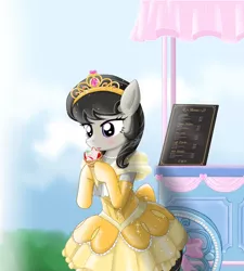 Size: 1600x1776 | Tagged: safe, artist:avchonline, derpibooru import, octavia melody, earth pony, ballerina, beautiful, bipedal, blushing, booth, cart, clothes, crepe, dress, food, image, jewelry, jpeg, licking, menu, pastry, shading, tiara, tongue out