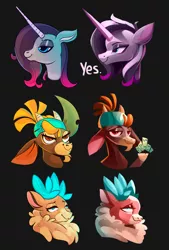 Size: 2763x4096 | Tagged: safe, artist:poxy_boxy, derpibooru import, oleander (tfh), velvet reindeer, deer, goat, pony, reindeer, unicorn, them's fightin' herds, black background, bust, community related, doe, female, image, jpeg, mare, redraw, shanty (tfh), simple background, smiling, trio