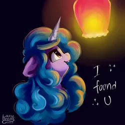 Size: 4000x4000 | Tagged: safe, artist:lazybread, derpibooru import, izzy moonbow, pony, unicorn, absurd resolution, cute, english, female, g5, image, izzybetes, jpeg, lantern, mare, simple background, solo, text