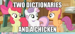 Size: 500x226 | Tagged: safe, derpibooru import, edit, edited screencap, screencap, apple bloom, scootaloo, sweetie belle, earth pony, pegasus, unicorn, caption, cutie mark crusaders, dictionary belle, dictionary bloom, funny, hub logo, image, image macro, impact font, logo, meme, my little brony, png, scootachicken, text, the hub, watermark