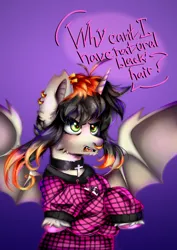 Size: 2150x3035 | Tagged: safe, artist:pozya, derpibooru import, oc, oc:ozgrave, unofficial characters only, alicorn, bat pony, bat pony alicorn, pony, abstract background, bat wings, chin fluff, choker, clothes, crossed arms, dyed hair, ear piercing, earring, emo, fangs, grown out roots, hoodie, horn, image, jewelry, lip piercing, male, multicolored hair, nose piercing, open mouth, piercing, png, septum piercing, snake bites, solo, spread wings, stallion, text, unshorn fetlocks, wings