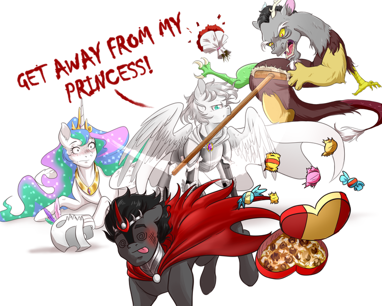 Size: 2000x1600 | Tagged: artist needed, source needed, safe, derpibooru import, discord, king sombra, princess celestia, oc, oc:light knight, alicorn, draconequus, original species, pegasus, armor, armpits, candy, flower, food, guard, hearts and hooves day, image, knight, lightestia, meme, mop, ouch, png, punch, text, textless, umbra pony