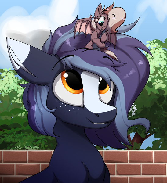 Size: 1885x2067 | Tagged: safe, artist:arume_lux, derpibooru import, oc, oc:efflorescence, oc:witching hour, unofficial characters only, bat pony, pony, unicorn, bat pony oc, bat wings, blaze (coat marking), coat markings, couple, facial markings, female, freckles, horn, horn grab, image, male, mare, micro, png, stallion, wings