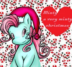 Size: 592x554 | Tagged: safe, artist:xxitachiuchihaloverxx, derpibooru import, minty, a very minty christmas, chibi, christmas, female, halfbody, hat, holiday, image, looking at you, png, santa hat, smiling, text, tiled background