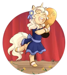 Size: 1280x1423 | Tagged: safe, artist:foxhatart, derpibooru import, oc, oc:gold dust, pony, unicorn, clothes, dress, female, image, mare, png, solo, trophy