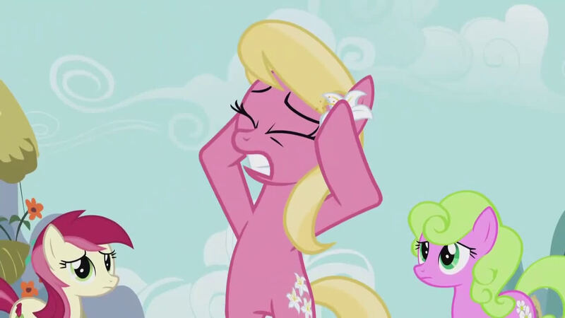 Size: 1280x720 | Tagged: safe, derpibooru import, screencap, daisy, flower wishes, lily, lily valley, roseluck, earth pony, pony, slice of life (episode), cloud, cutie mark, eyes closed, female, females only, flower, flower in hair, gritted teeth, image, jpeg, mare, sad, standing on two hooves, teeth