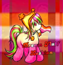 Size: 1214x1249 | Tagged: safe, artist:xxitachiuchihaloverxx, derpibooru import, oc, oc:dream fluff, female, flag, image, lesbian, lesbian pride flag, looking at you, object in mouth, png, pride, pride flag, simple background, smiling, standing, text