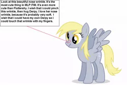 Size: 750x500 | Tagged: safe, derpibooru import, derpy hooves, pegasus, pony, circle, cute, female, image, implied fluttershy, jpeg, nose wrinkle, shadow, simple background, solo, text, white background