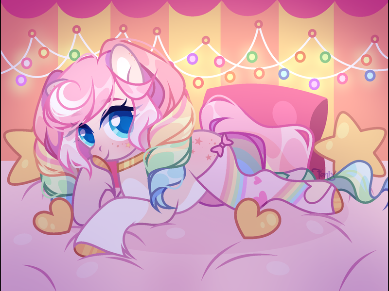 Size: 2160x1620 | Tagged: safe, artist:fenix-artist, derpibooru import, oc, unofficial characters only, earth pony, pony, clothes, commission, ear fluff, earth pony oc, female, heart, heart pillow, image, lying down, mare, multicolored hair, pillow, png, prone, rainbow hair, smiling, socks, solo, striped socks, ych result