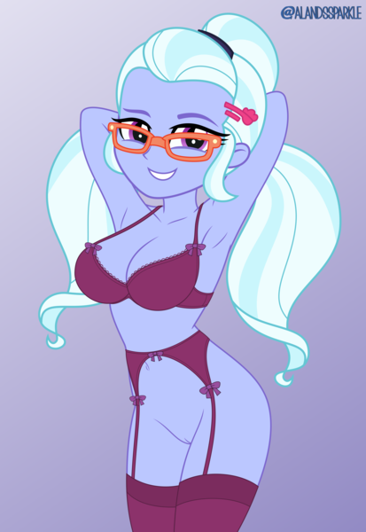 Size: 5689x8266 | Tagged: editor needed, explicit, artist:alandssparkle, edit, sugarcoat, equestria girls, arm behind head, armpits, belly button, bottomless, bra, breasts, busty sugarcoat, clothes, female, frilly underwear, garter belt, garters, glasses, gradient background, hairpin, image, lingerie, looking at you, nudity, partial nudity, partial nudity edit, pigtails, png, ribbon, sexy, simple background, socks, solo, solo female, stockings, thigh highs, underwear, vulva