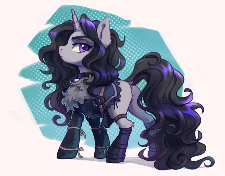 Size: 2800x2184 | Tagged: safe, artist:lunnita_pony, derpibooru import, oc, unofficial characters only, pony, unicorn, abstract background, clothes, female, fur coat, image, jpeg, mare, shoes, solo