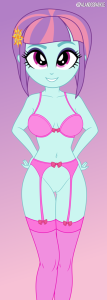 Size: 4162x11693 | Tagged: editor needed, explicit, artist:alandssparkle, edit, sunny flare, equestria girls, belly button, bottomless, bra, breasts, clothes, female, garter belt, gradient background, hairpin, hand on hip, image, lingerie, looking at you, nudity, partial nudity, partial nudity edit, pink underwear, png, ribbon, sexy, simple background, socks, solo, solo female, stockings, thigh highs, underass, underwear, vulva