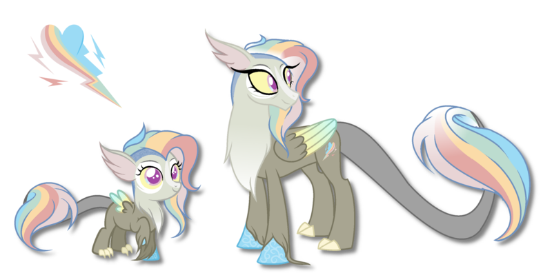 Size: 1920x951 | Tagged: safe, artist:teal-quil, derpibooru import, oc, oc:camelia, draconequus, female, image, interspecies offspring, offspring, parent:discord, parent:rainbow dash, parents:discodash, png, simple background, solo, transparent background