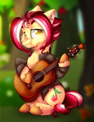 Size: 900x1165 | Tagged: safe, artist:mychelle, derpibooru import, oc, oc:jonagold, earth pony, pony, clothes, guitar, image, jacket, magical lesbian spawn, male, musical instrument, offspring, parent:applejack, parent:coloratura, parents:rarajack, png, solo, stallion