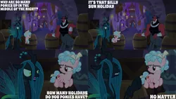 Size: 1280x720 | Tagged: safe, derpibooru import, edit, edited screencap, editor:quoterific, screencap, cozy glow, lord tirek, queen chrysalis, centaur, changeling, pegasus, pony, taur, season 9, the summer sun setback, spoiler:s09, eyes closed, female, filly, flying, foal, image, jpeg, male, open mouth, spread wings, text, trio, wings