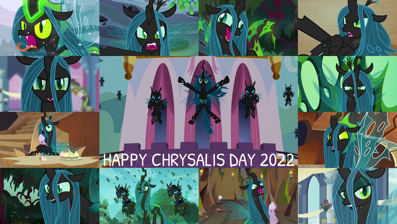 Size: 1280x721 | Tagged: safe, derpibooru import, edit, edited screencap, editor:quoterific, screencap, cozy glow, queen chrysalis, changeling, pegasus, pony, a canterlot wedding, frenemies (episode), season 2, season 5, season 6, season 8, season 9, the beginning of the end, the cutie re-mark, the ending of the end, the mean 6, to where and back again, spoiler:s08, spoiler:s09, chrysalis day, cupcake, female, filly, flying, foal, food, grin, image, jpeg, male, open mouth, open smile, smiling, spread wings, text, ultimate chrysalis, wings