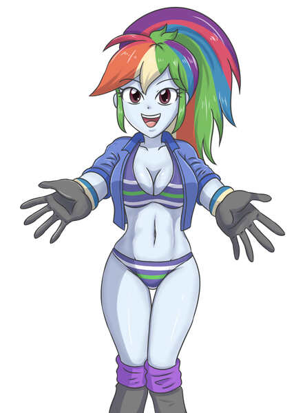 Size: 2181x2952 | Tagged: suggestive, artist:sumin6301, derpibooru import, rainbow dash, equestria girls, alternate hairstyle, belly button, bikini, breasts, busty rainbow dash, cleavage, clothes, female, gloves, image, jpeg, looking at you, open clothes, open mouth, open smile, simple background, smiling, solo, solo female, striped underwear, stupid sexy rainbow dash, swimsuit, underwear, white background