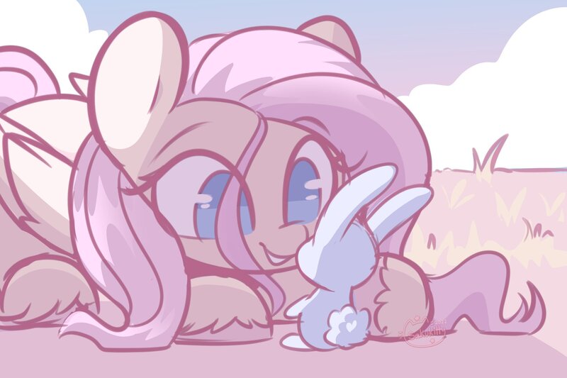 Size: 1800x1200 | Tagged: safe, artist:sakukitty, derpibooru import, fluttershy, pegasus, pony, rabbit, animal, cute, female, grass, image, jpeg, mare, shyabetes, smiling, unshorn fetlocks