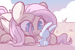 Size: 1800x1200 | Tagged: safe, artist:sakukitty, derpibooru import, fluttershy, pegasus, pony, rabbit, animal, cute, female, grass, image, jpeg, mare, shyabetes, smiling, unshorn fetlocks