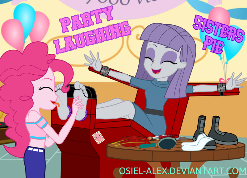 Size: 3000x2165 | Tagged: suggestive, artist:osiel-alex, derpibooru import, maud pie, pinkie pie, equestria girls, balloon, barefoot, belt, bondage, bondage furniture, boots, brush, clothes, dress, duo, duo female, erotic tickling, eyes closed, feather, feet, female, fetish, foot fetish, foot worship, image, jeans, jpeg, laughing, licking, licking foot, open mouth, paintbrush, pants, shoes, siblings, sisters, socks, stocks, table, tanktop, tickle fetish, tickle torture, tickling, toe tied, toes, tongue out