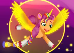 Size: 3500x2500 | Tagged: safe, artist:leonkay, derpibooru import, sunny starscout, pony, artificial horn, artificial wings, augmented, g5, horn, image, magic, magic horn, magic wings, png, solo, wings