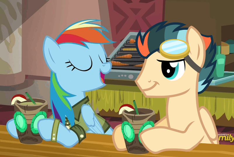 Size: 1216x816 | Tagged: safe, derpibooru import, edit, edited screencap, screencap, rainbow dash, oc, oc:turbo swifter, pegasus, pony, canon x oc, drink, female, g4, goggles, image, male, mare, open mouth, pegasus oc, png, shipping, smiling, stallion, straight, turbodash, wings