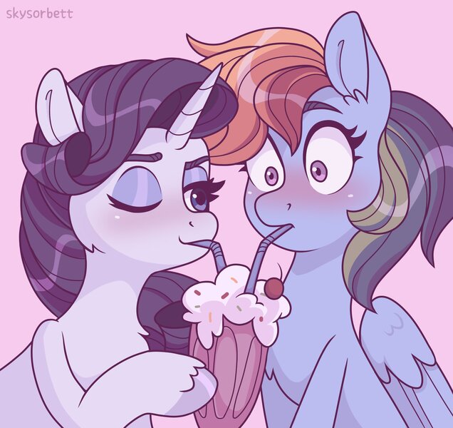 Size: 2244x2117 | Tagged: safe, artist:skysorbett_art, derpibooru import, rainbow dash, rarity, pegasus, pony, unicorn, blushing, drinking, drinking straw, duo, duo female, female, image, jpeg, lesbian, mare, milkshake, one eye closed, raridash, sharing a drink, shipping, wink