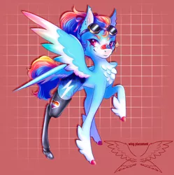 Size: 1489x1497 | Tagged: safe, artist:imonly5feet, derpibooru import, rainbow dash, pegasus, pony, alternate cutie mark, alternate design, amputee, aviator goggles, bandaid, bow, chest fluff, coat markings, ear piercing, eyebrow piercing, female, four wings, goggles, hair bow, image, jpeg, lesbian pride flag, mare, multiple wings, piercing, pride, pride flag, prosthetic leg, prosthetic limb, prosthetics, raised hoof, scar, solo, unshorn fetlocks, wings