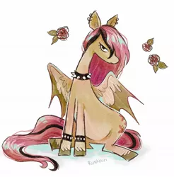 Size: 2012x2048 | Tagged: safe, artist:runkpori, derpibooru import, fluttershy, bat pony, pony, bat ponified, bracelet, choker, dyed mane, dyed tail, ear piercing, earring, emo, emoshy, female, flower, flutterbat, image, jewelry, jpeg, mare, piercing, race swap, sitting, solo, spiked choker, spiked wristband, tail, unshorn fetlocks, wristband