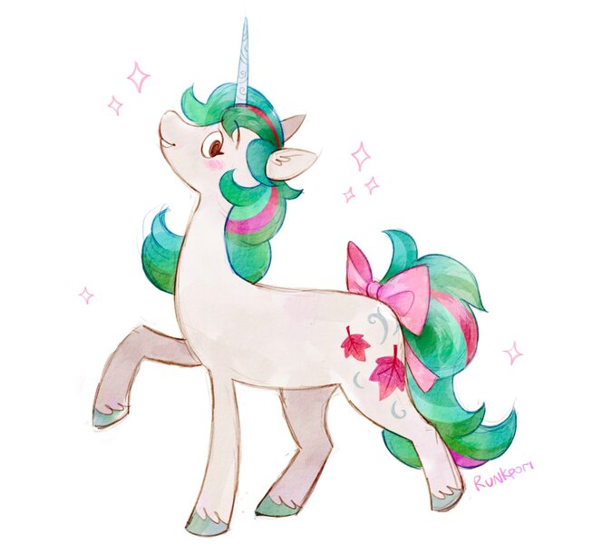 Size: 2048x1850 | Tagged: safe, artist:runkpori, derpibooru import, gusty, pony, unicorn, alternate cutie mark, alternate design, bow, female, g1, image, jpeg, raised hoof, simple background, solo, tail, tail bow, unshorn fetlocks, white background