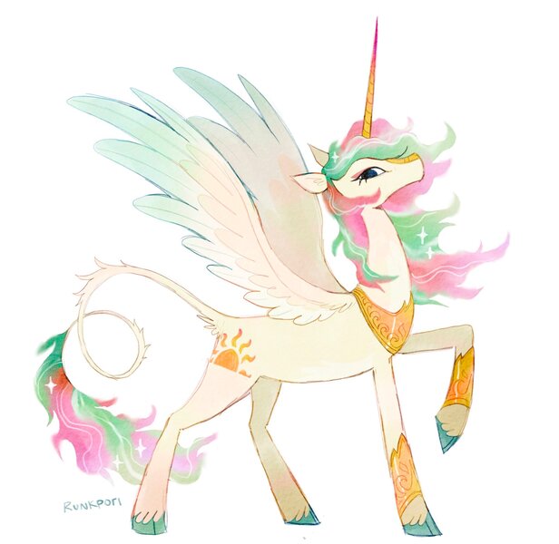 Size: 2048x1995 | Tagged: safe, artist:runkpori, derpibooru import, princess celestia, alicorn, pony, alternate cutie mark, alternate design, chanfron, colored wings, ethereal mane, female, greaves, helmet, image, jpeg, leonine tail, peytral, raised hoof, simple background, solo, starry mane, starry tail, tail, unshorn fetlocks, white background, wings