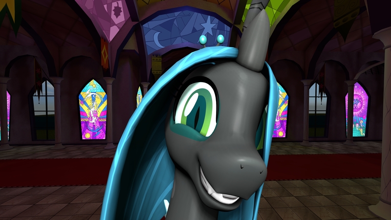 Size: 3840x2160 | Tagged: safe, artist:wissle, derpibooru import, queen chrysalis, changeling, changeling queen, 3d, canterlot castle, chrysalis day, female, grin, image, jpeg, looking at you, selfie, smiling, smiling at you, solo, source filmmaker, teeth, throne room