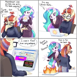 Size: 1604x1588 | Tagged: safe, artist:dstears, derpibooru import, moondancer, princess celestia, alicorn, anthro, unicorn, 4 panel comic, bonzi buddy, breasts, clothes, comic, computer, crying, fire, glasses, image, jpeg, laptop computer, open mouth, sad, speech bubble, tech support, this will end in tears, virus