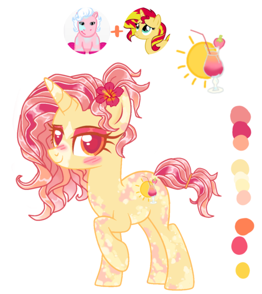 Size: 3092x3464 | Tagged: safe, artist:mint-light, artist:vernorexia, derpibooru import, sunset shimmer, oc, pony, unicorn, base used, body markings, coat markings, commission, cutie mark, dappled, facial markings, female, flower, flower in hair, fusion, gradient mane, hibiscus, image, mare, multicolored mane, orange hair, orange mane, pink mane, png, ponytail, red mane, reference sheet, short tail, simple background, solo, tail, transparent background, tropical, tropical ponies, webkinz, webkinz pink pony